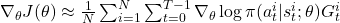  \nabla_\theta J(\theta) \approx \frac{1}{N} \sum_{i=1}^{N} \sum_{t=0}^{T-1} \nabla_\theta \log \pi(a_t^i | s_t^i; \theta) G_t^i